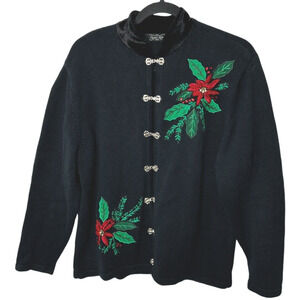 Vintage Embroidered Poinsettia Cardigan XL Black Christmas Ugly Sweater